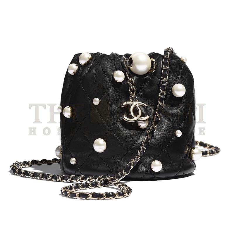 Ch**el Women Mini Drawstring Bag Lambskin Imitation Pearls &amp; Gold-Tone Metal Black Master Quality
