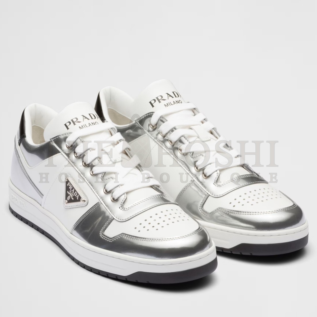 Pra*a Men's Downtown Sneakers in White and Silver Leather Master Quality
