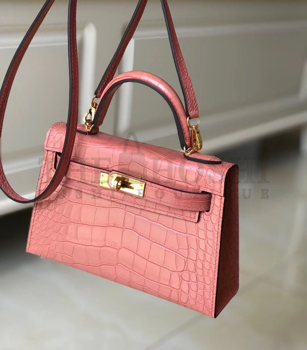 H**me5 Kelly Mini II Bag In Pink Crocodile Embossed Leather Master Quality