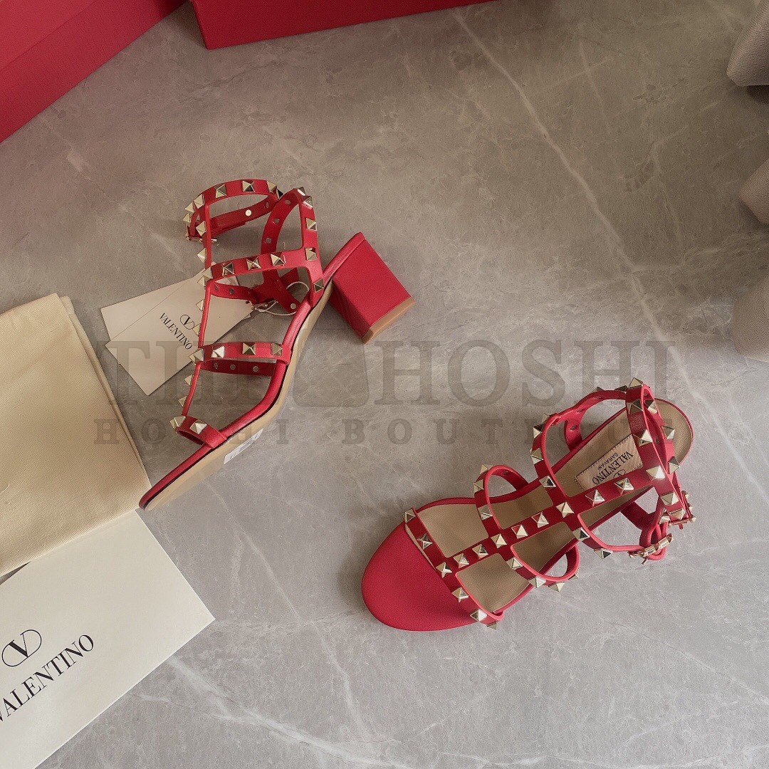Va1e*ntin0 Rockstud Ankle Strap Sandals 60mm In Red Calfskin Master Quality