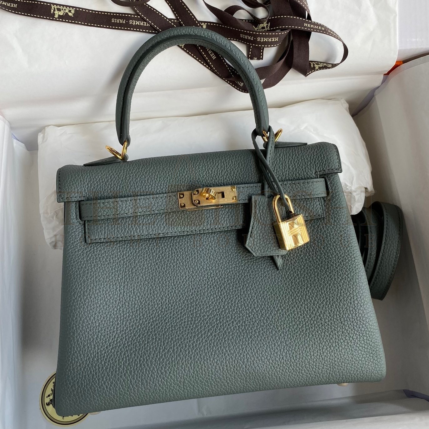 H**me5 Kelly Retourne 25 Handmade Bag In Vert Amande Clemence Leather Master Quality
