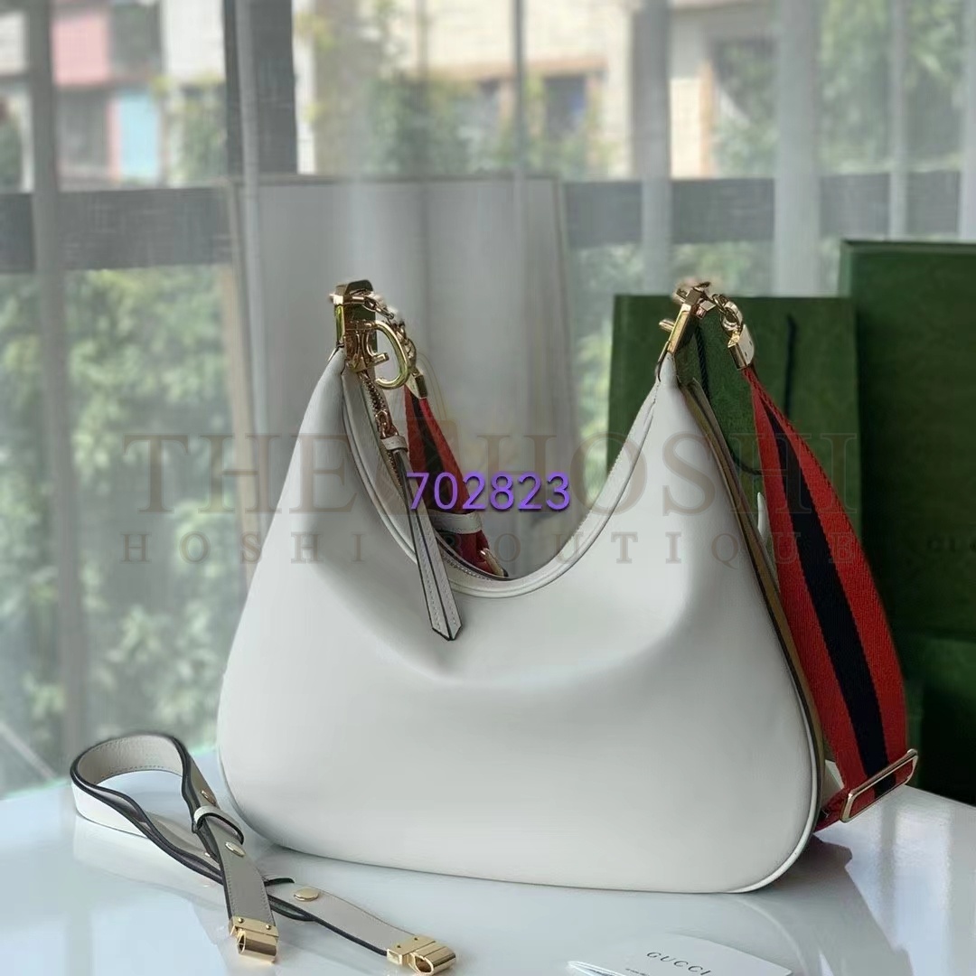 Gvc*1 Women GG Attache Large Shoulder Bag White Leather Green Yellow Web Master Quality