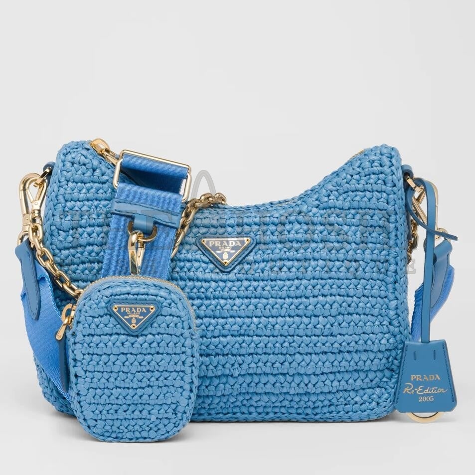 Pra*a Re-Edition 2005 Shoulder Bag In Blue Raffia Master Quality