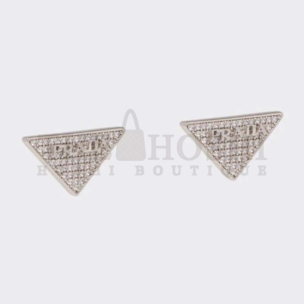 Pra*a Women Crystal Logo Jewels Zirconia Earrings-Silver Master Quality