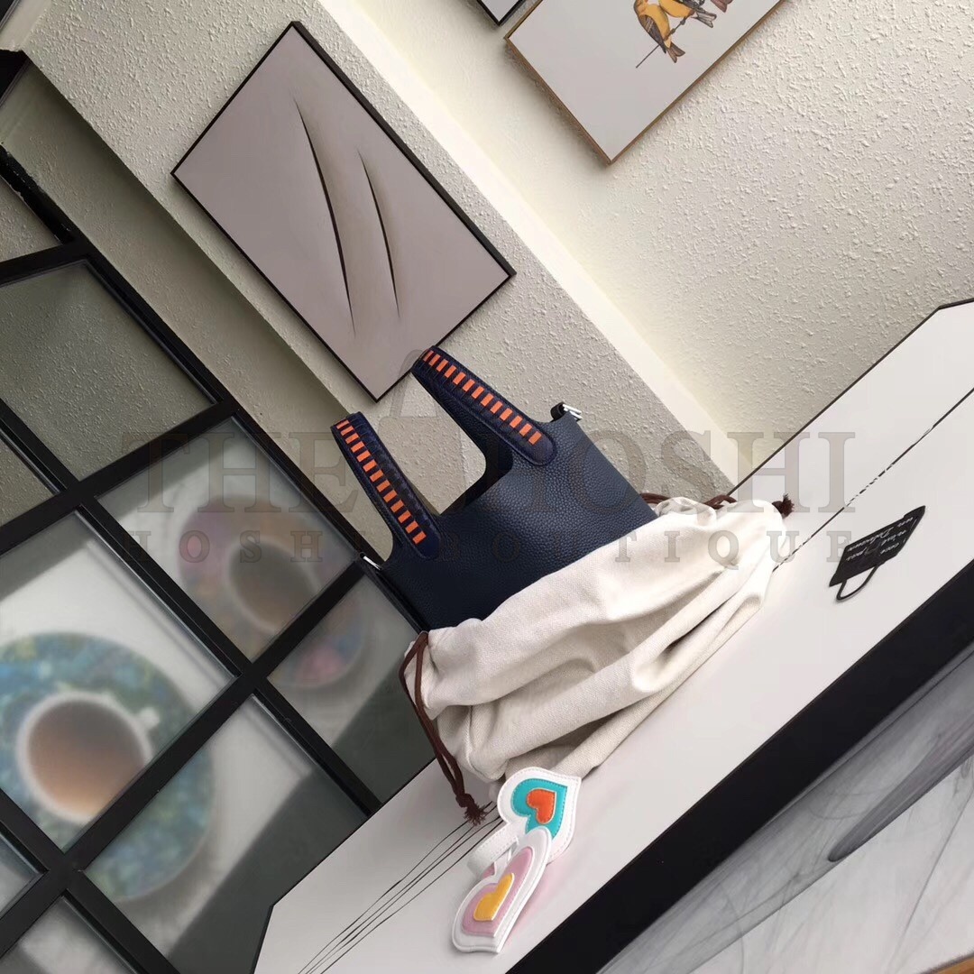 H**me5 Navy Blue Picotin Lock 18cm Bag With Braided Handles Master Quality