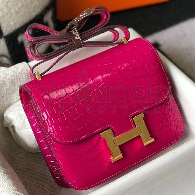 H**me5 Constance 18cm Bag In Rose Red Embossed Crocodile Master Quality