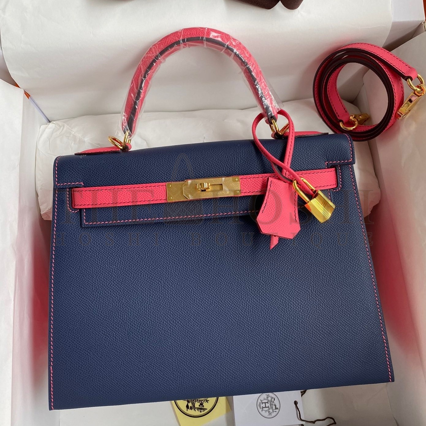 H**me5 Kelly Sellier 28 Bicolor Bag in Blue Saphir and Rose Lipstick Epsom Calfskin Master Quality