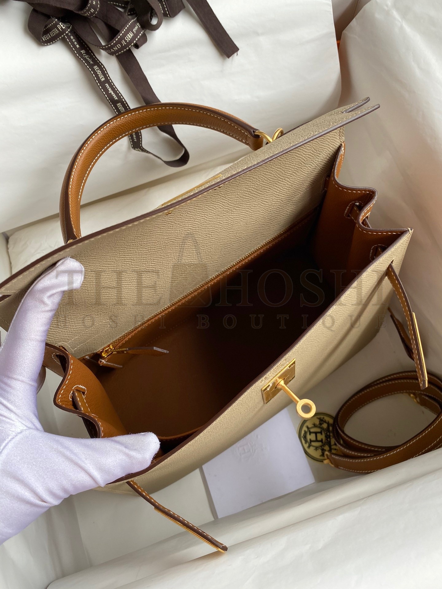 H**me5 Kelly Sellier 28 Bicolor Bag in Trench and Gold Epsom Calfskin Master Quality