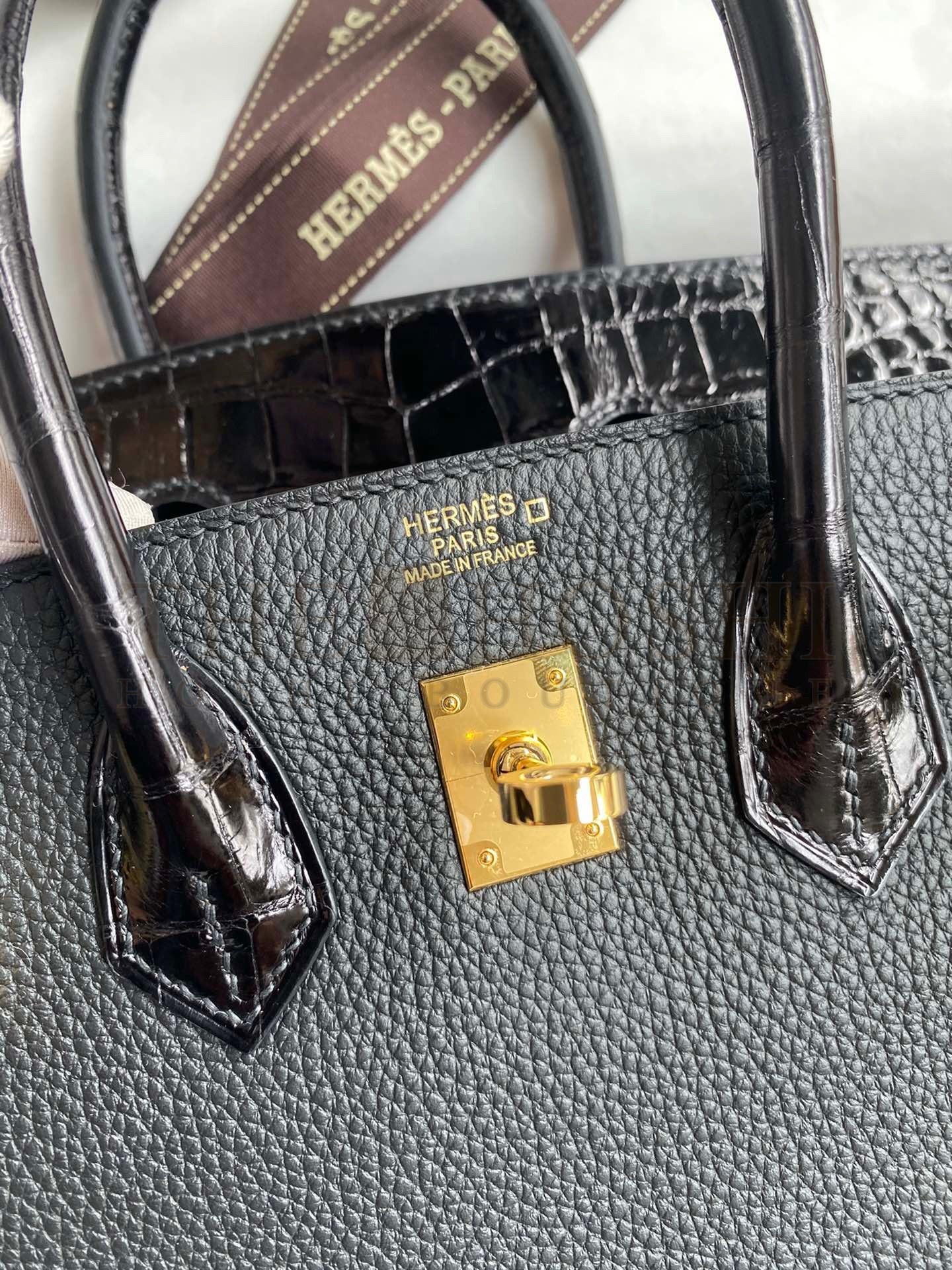 H**me5 Touch Birkin 25 Bag in Black Togo and Shiny Alligator Leather Master Quality