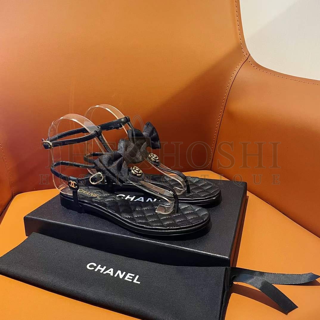 Ch**el Women CC Sandals Grosgrain Black 1 CM Heel Master Quality