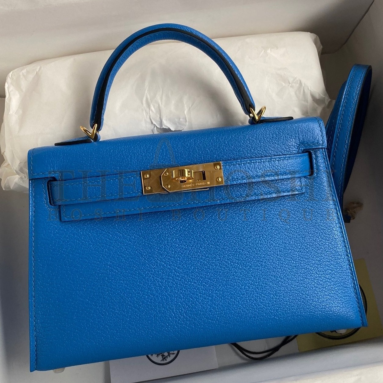 H**me5 Kelly Mini II Sellier Handmade Bag In Blue Hydra Chevre Mysore Leather Master Quality