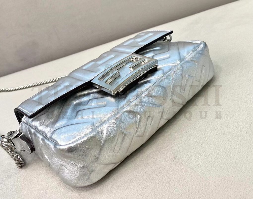 F**di Small Baguette Bag In Silver FF Metallic Leather Master Quality