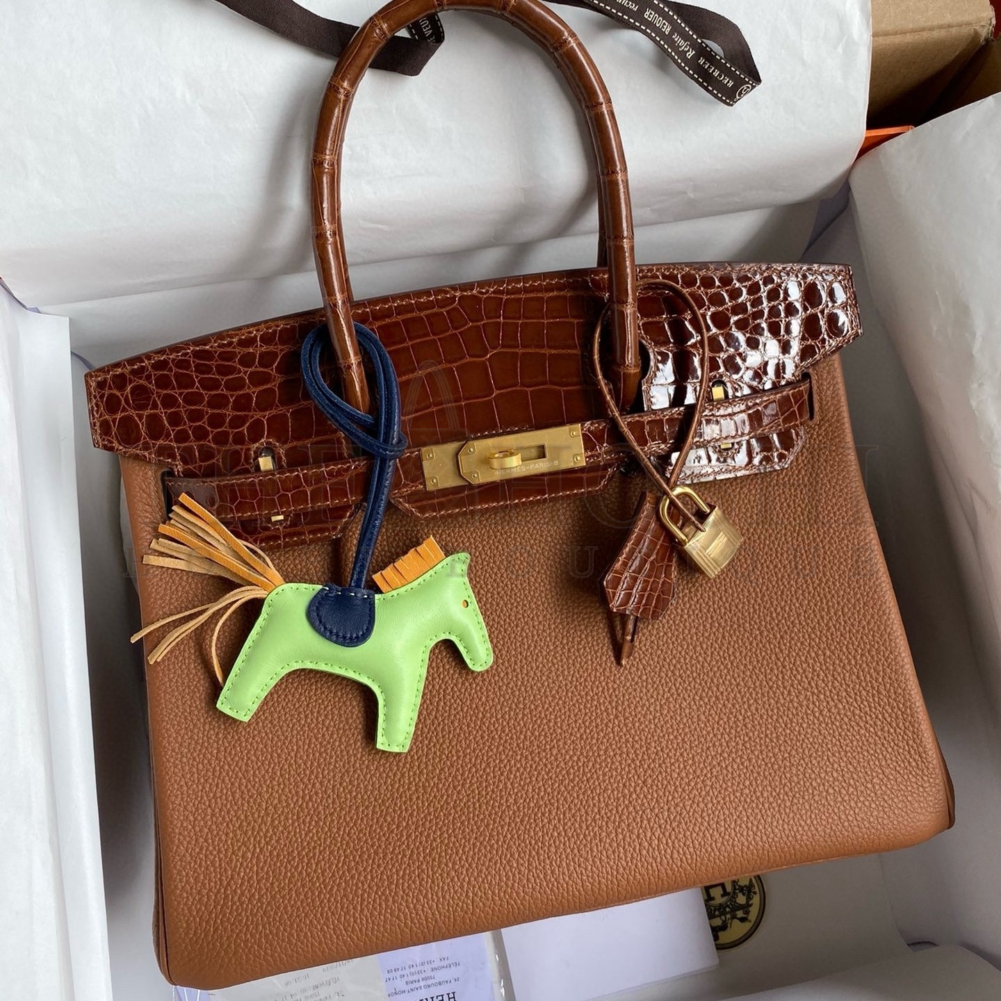 H**me5 Touch Birkin 30 Bag In Gold Clemence and Shiny Niloticus Crocodile Skin Master Quality