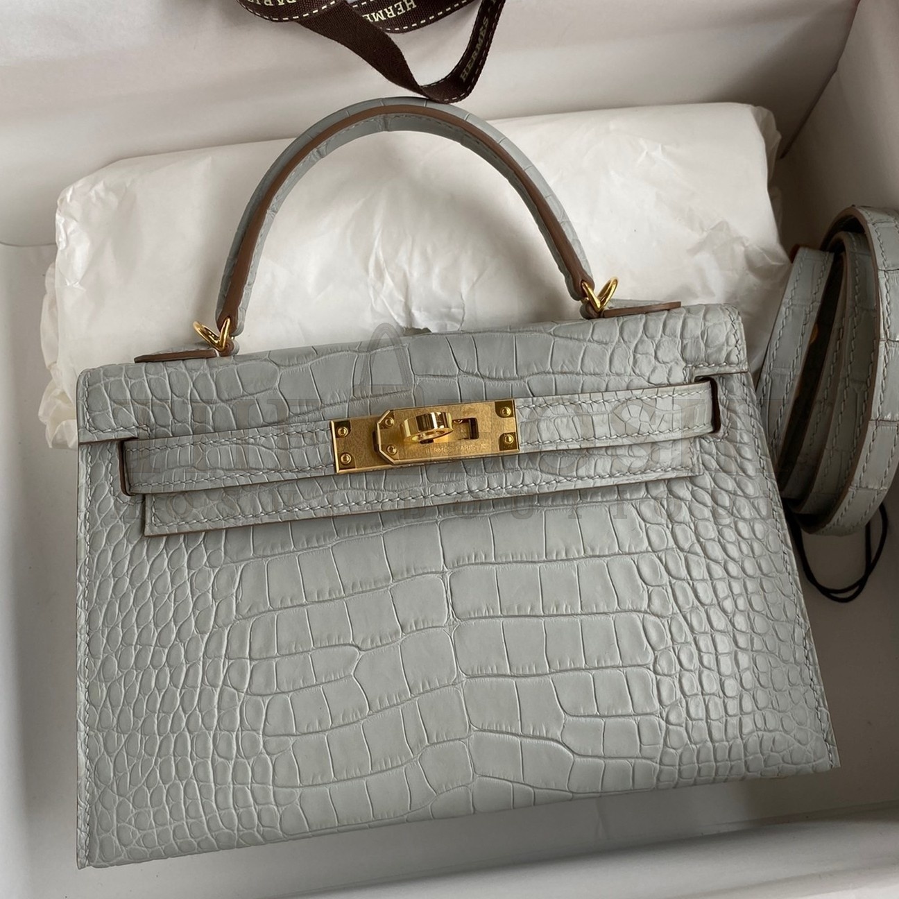 H**me5 Kelly Mini II Sellier Handmade Bag In Pearl Grey Matte Alligator Leather Master Quality