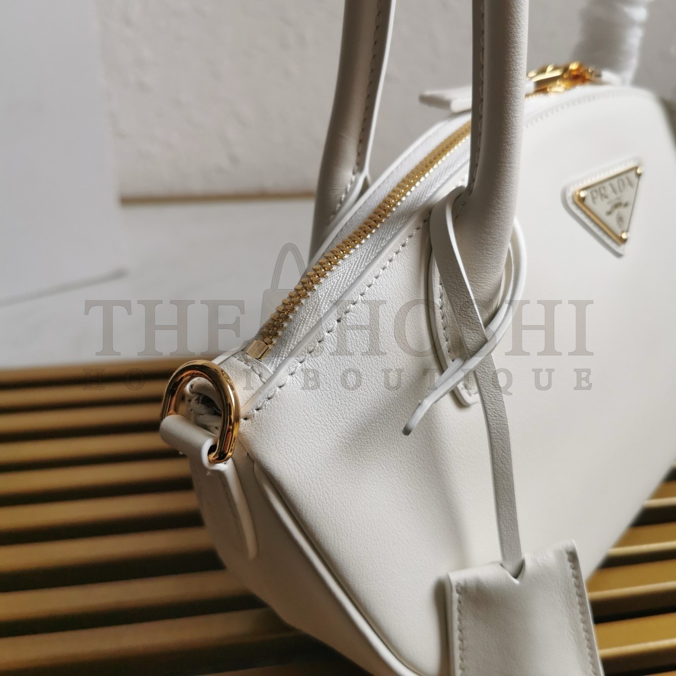 Pra*a Shoulder Bag with Double Zipper in White Calfskin Master Quality