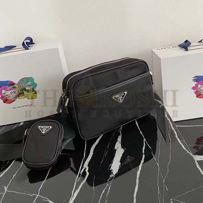 Pra*a Unisex Re-Nylon Saffiano Shoulder Bag Black Zipper Closure Fabric Master Quality