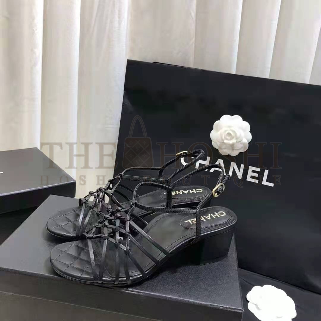 Ch**el Women Sandals Iridescent Calfskin Black 5 cm Heel Master Quality