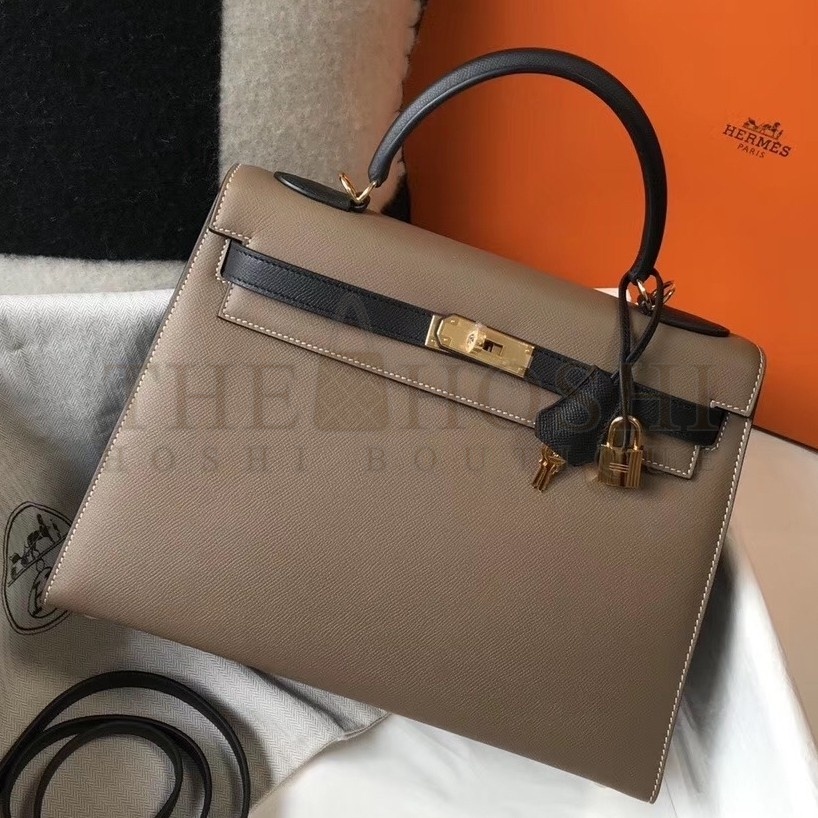 H**me5 Bi-color Kelly 32cm Epsom Bag Taupe/Black GHW Master Quality