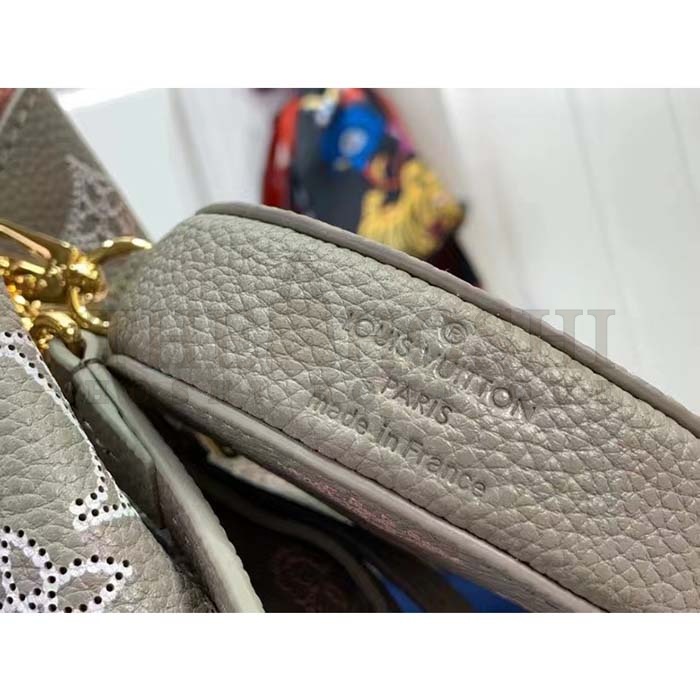 L0vis Vvtt0n LV Women Bella Bucket Bag Gray Mahina Perforated Calfskin Leather Microfiber Lining Master Quality