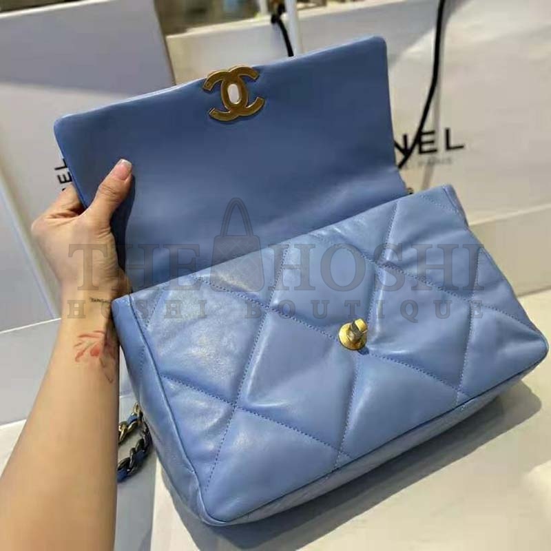 Ch**el Women Ch**el 19 Flap Bag Lambskin Gold Silver-Tone Ruthenium-Finish Metal Blue Master Quality