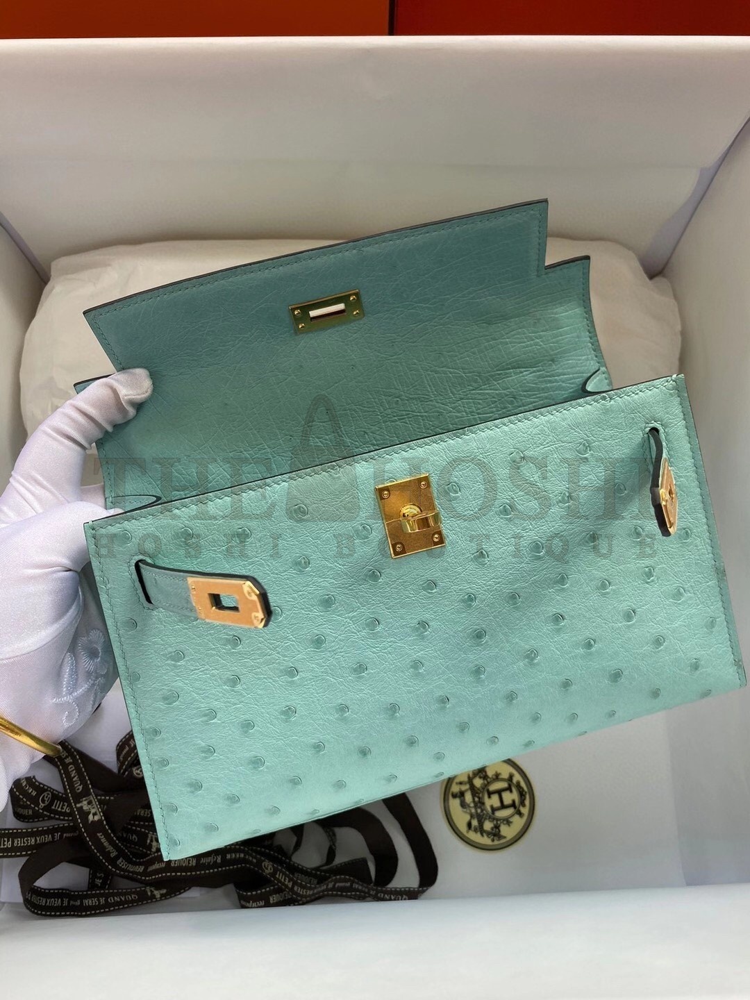 H**me5 Aqua Kelly Pochette Ostrich Handmade Bag Master Quality