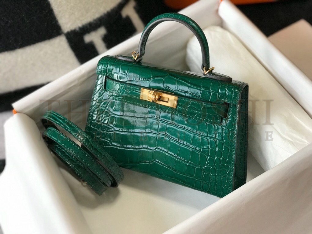 H**me5 Kelly Mini II Bag In Green Embossed Crocodile Calfskin Master Quality