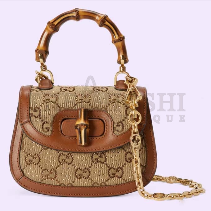 Gvc*1 Women Bamboo 1947 Mini Top Handle Bag Beige Ebony Canvas GG Crystal Master Quality