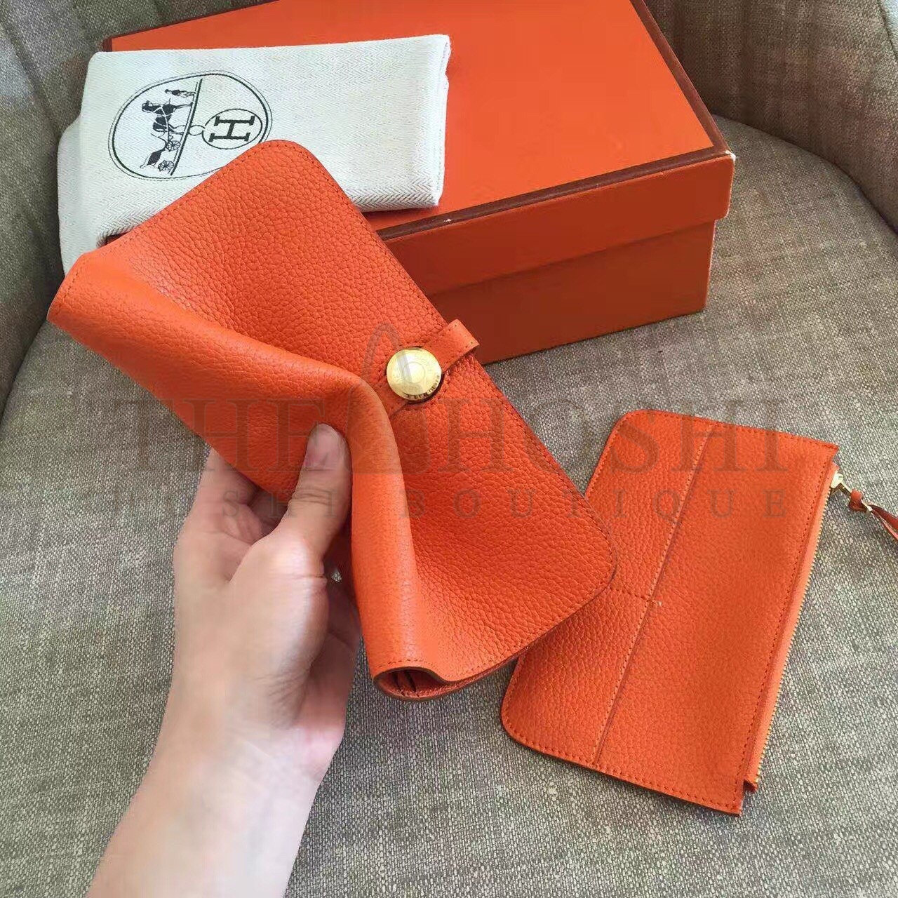 H**me5 Dogon Duo Wallet in Orange Clemence Leather Master Quality