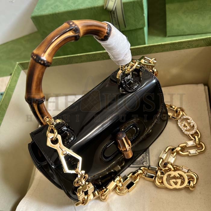 Gvc*1 Women Bamboo 1947 Mini Top Handle Bag Black Patent Leather Master Quality