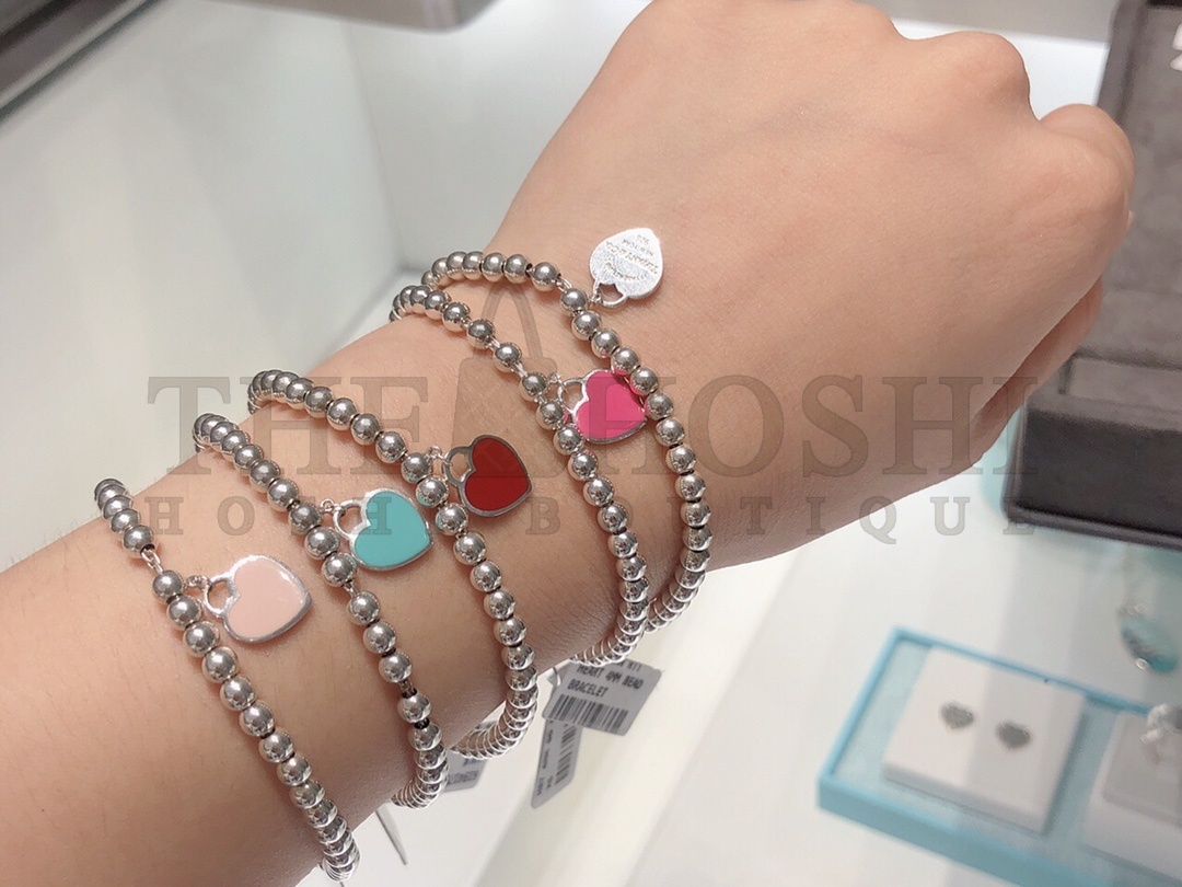 T*f*ny  T*f*ny& CO. Pink Heart Tag Bead Bracelet in Silver, 4 mm Master Quality
