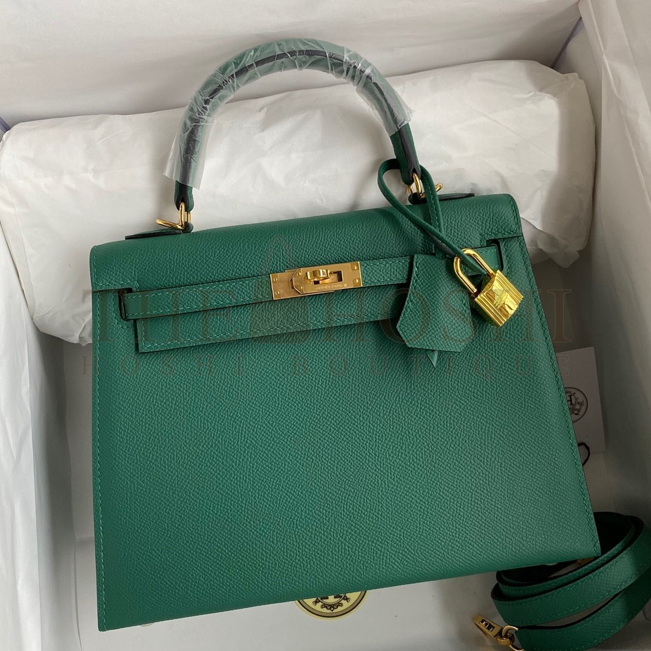 H**me5 Kelly Sellier 25 Handmade Bag In Malachite Epsom Calfskin Master Quality