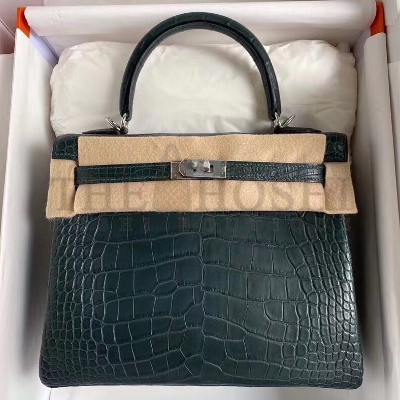 H**me5 Vert Cypres Kelly 28cm Matte Alligator Crocodile Skin Bag Master Quality