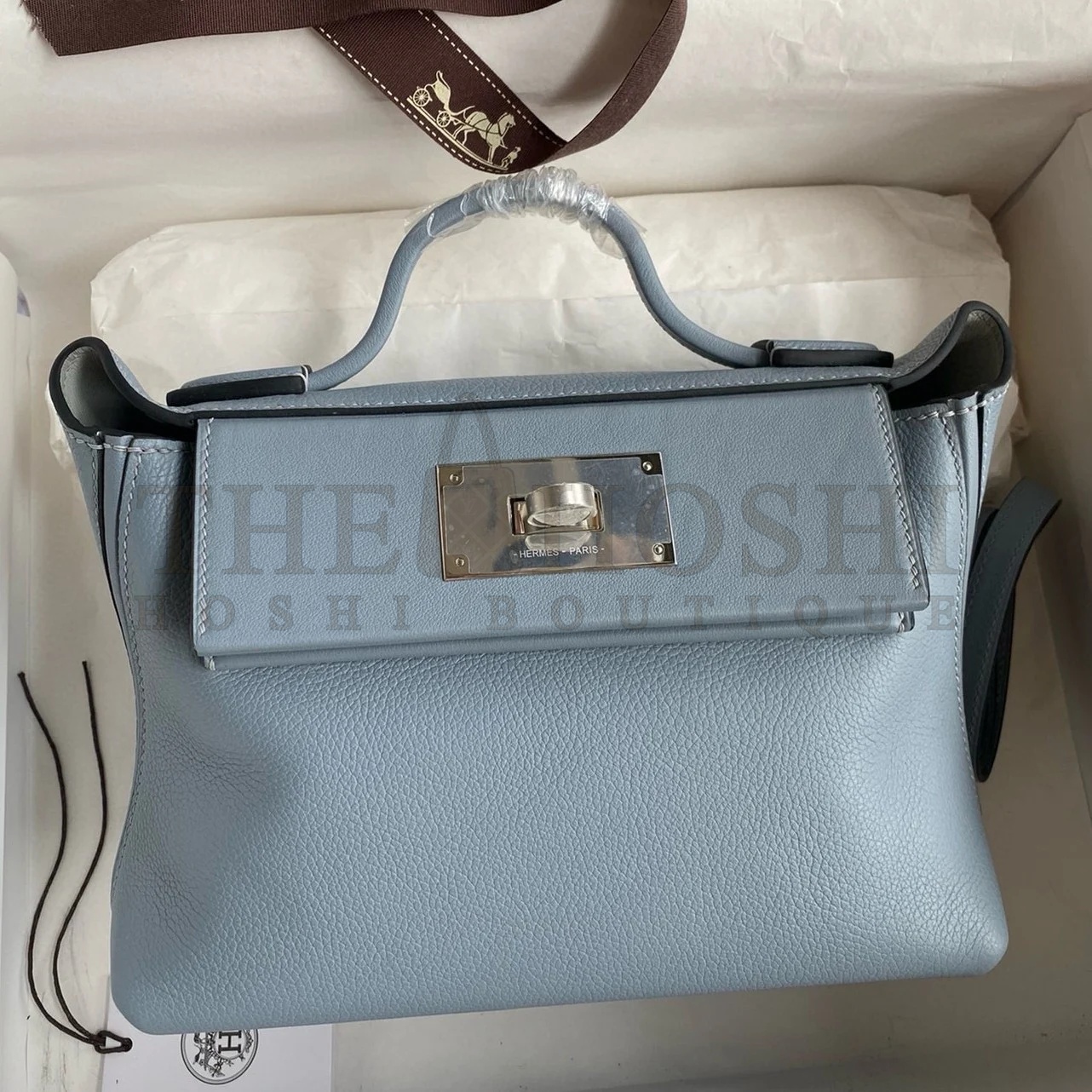 H**me5 24/24 Mini 21 Handmade Bag in Blue Lin Evercolor Leather Master Quality