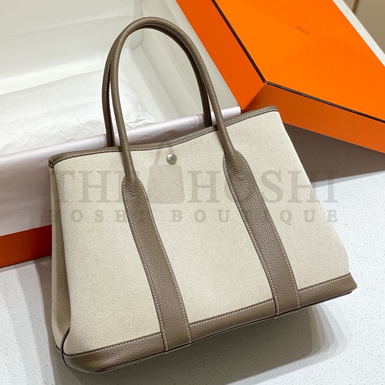 H**me5 Garden Party 36cm Bag in Toile and Taupe Leather Master Quality