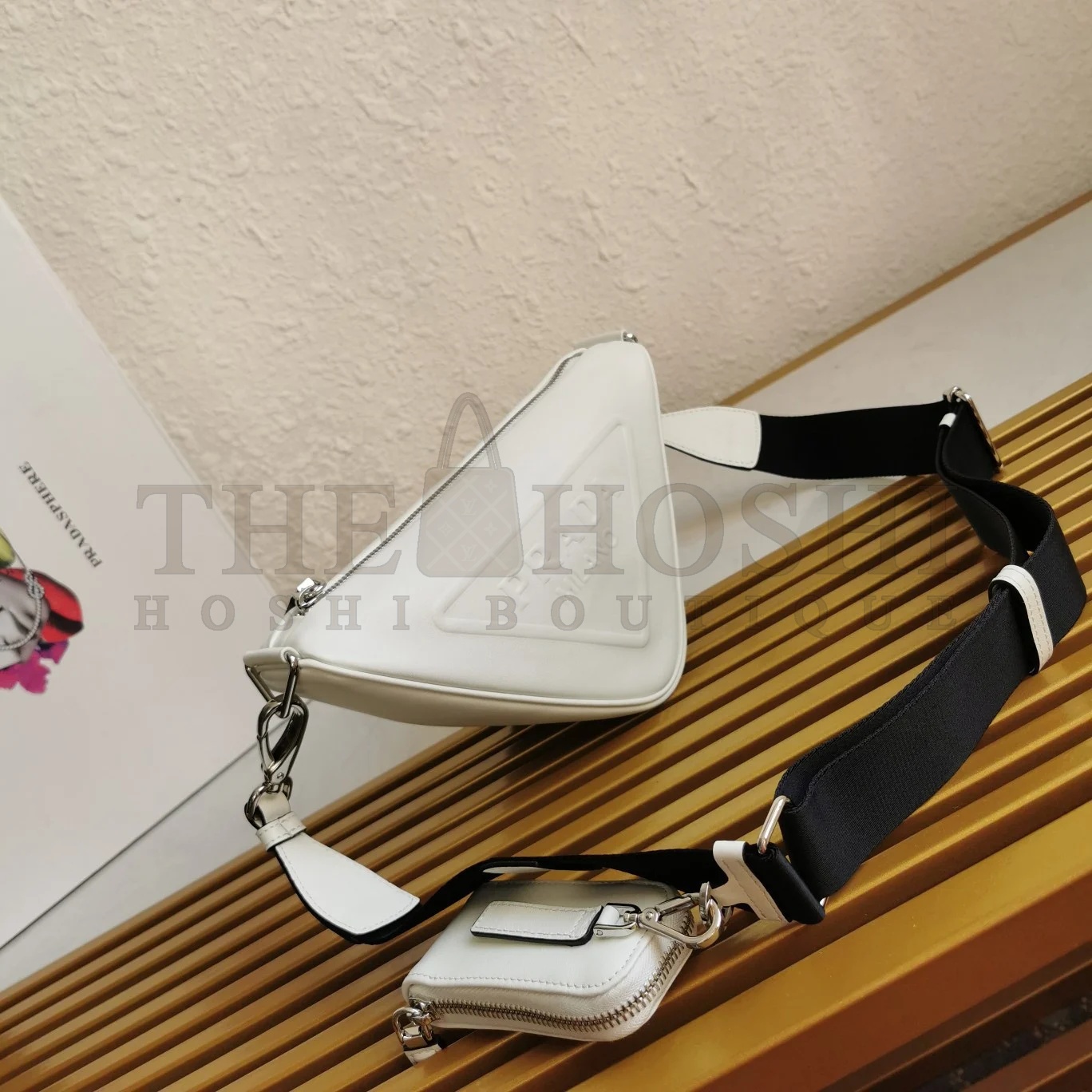Pra*a Triangle Shoulder Bag In White Calfskin Master Quality