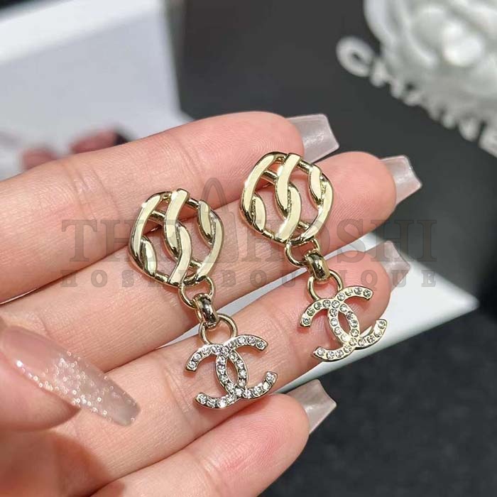 Ch**el Women CC Pendant Earrings Metal Resin Strass Gold White Crystal Master Quality