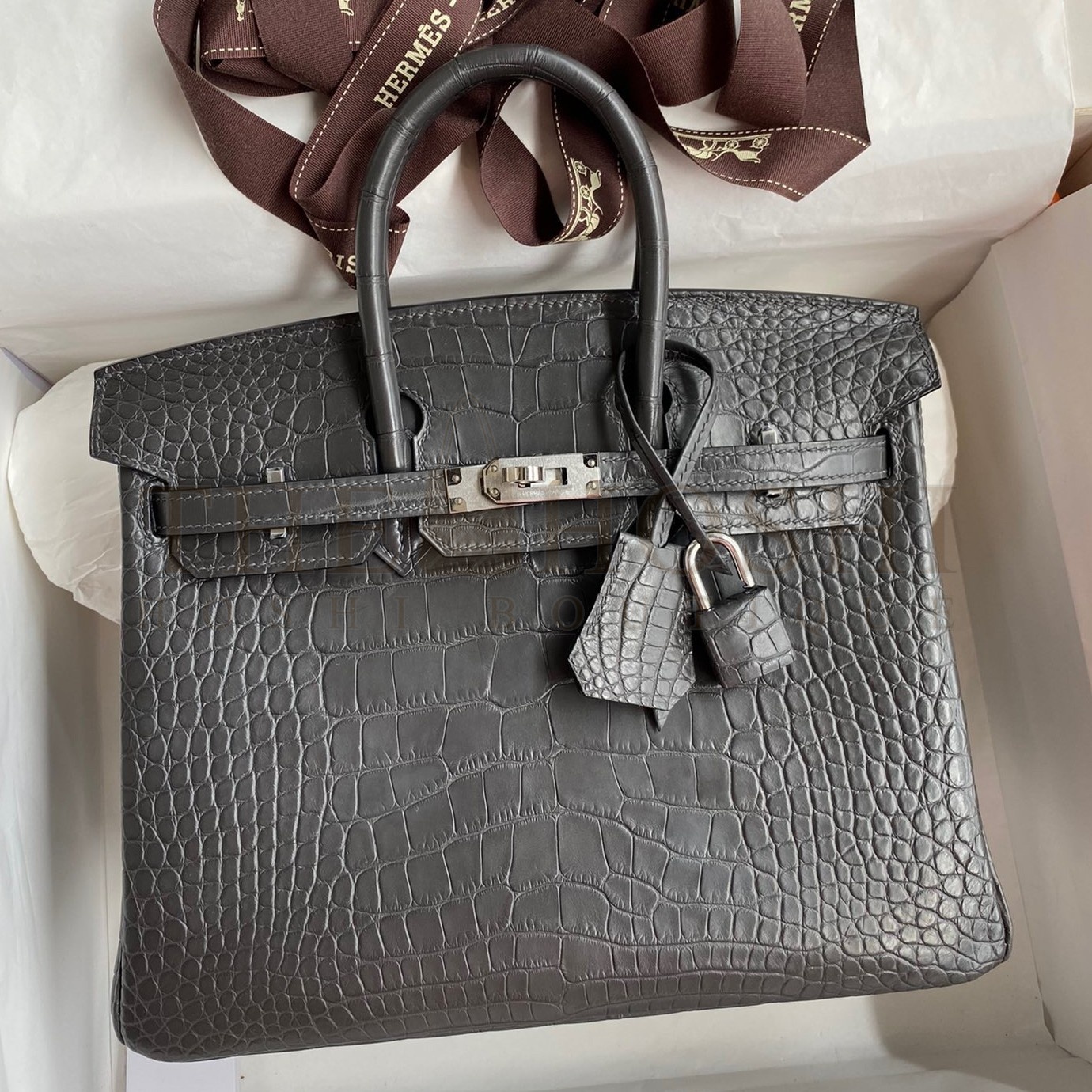 H**me5 Birkin 25 Retourne Handmade Bag In Graphite Matte Alligator Leather Master Quality