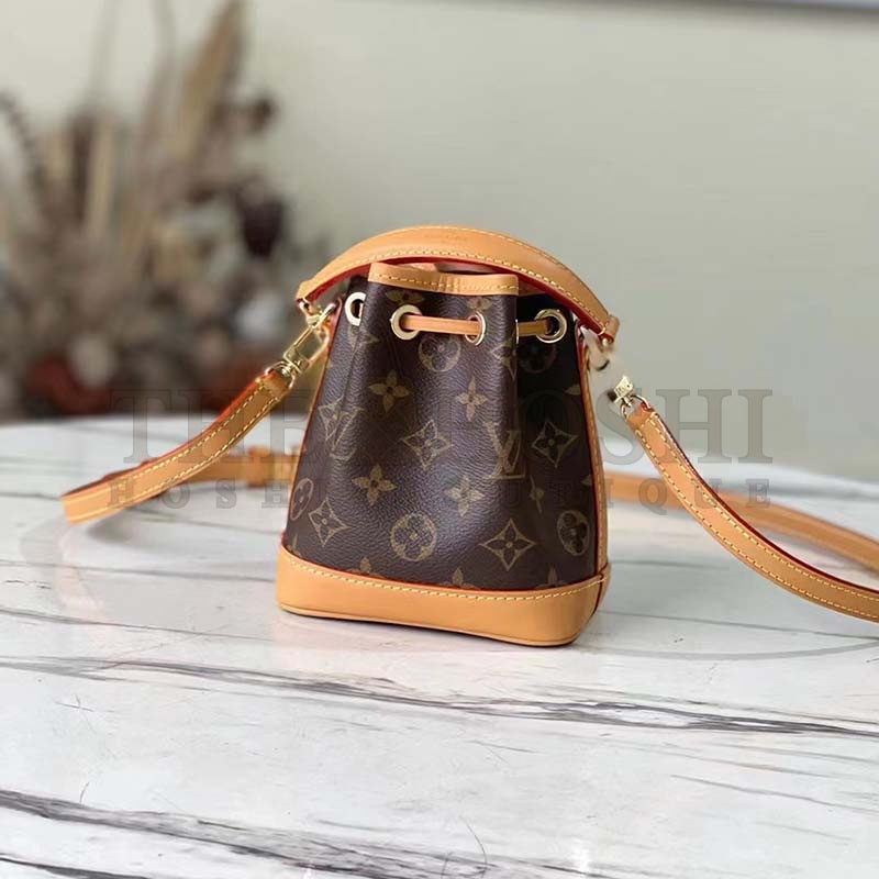 L0vis Vvtt0n LV Women Nano Noé Bucket Bag Monogram Coated Canvas Brown Master Quality