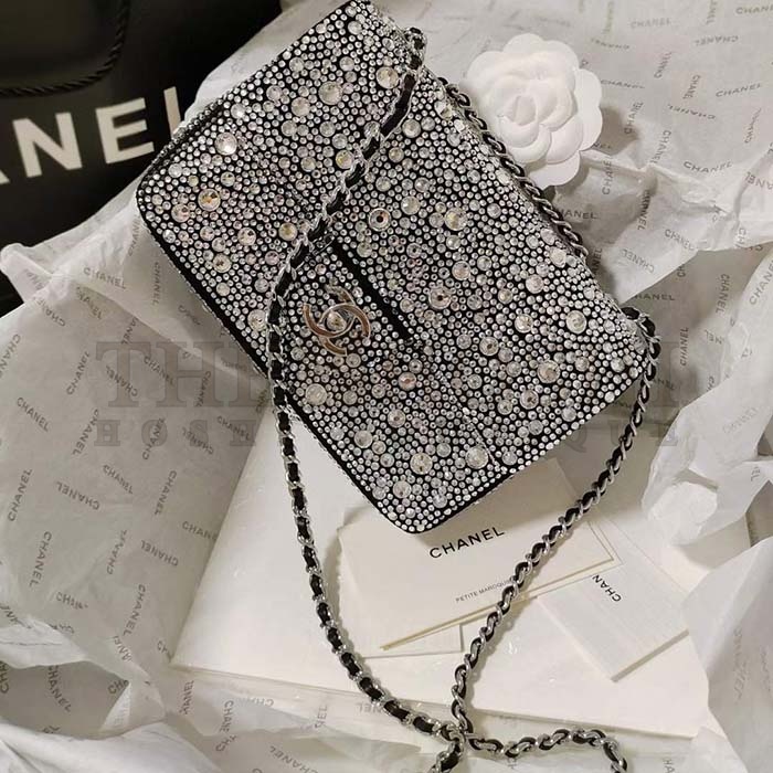 Ch**el CC Women Mini Flap Bag Satin Strass Silver-Tone Metal Silver Master Quality