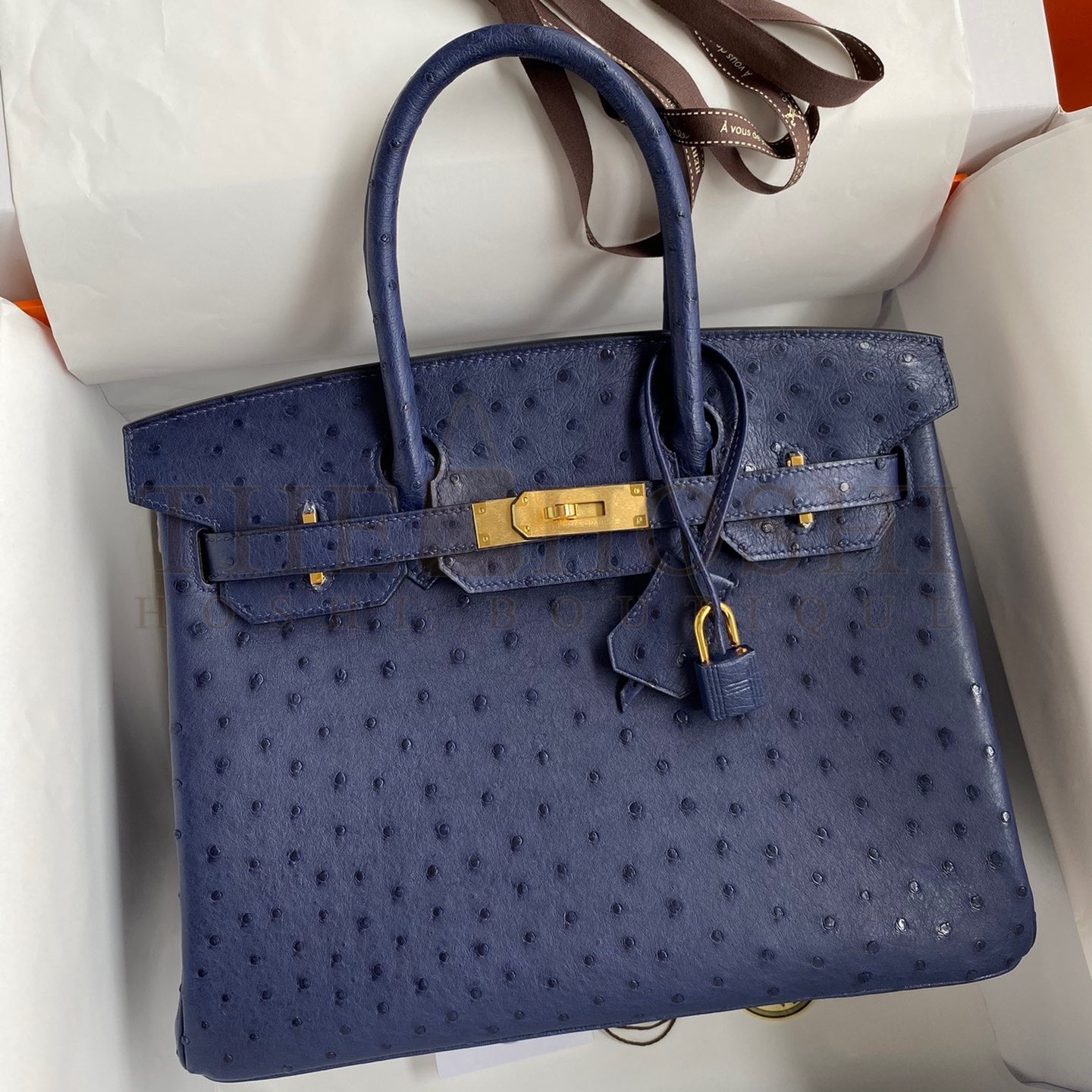 H**me5 Birkin 30 Retourne Handmade Bag In Blue Iris Ostrich Leather Master Quality