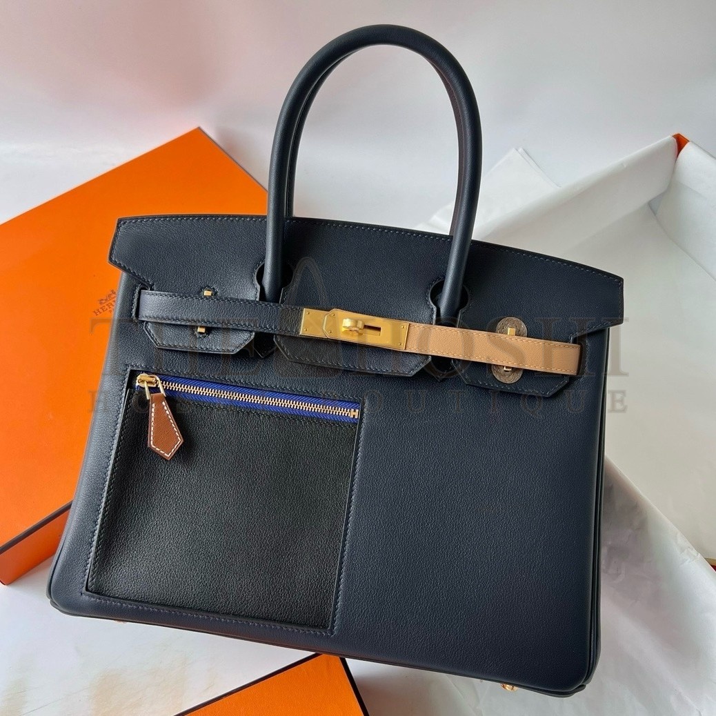 H**me5 Colormatic Birkin 30 Bag in Blue Nuit, Black and Chai Swift Leather Master Quality