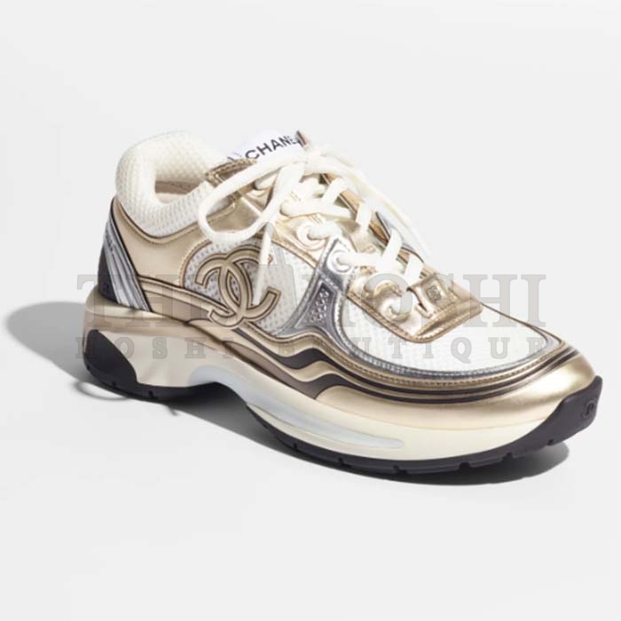 Ch**el trainer shoes Women CC Sneakers Fabric Laminated White Gold Silver Master Quality