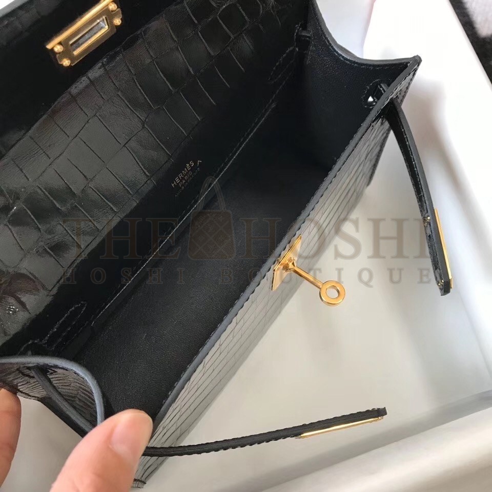 H**me5 Kelly Pochette Bag In Black Embossed Crocodile Leather Master Quality