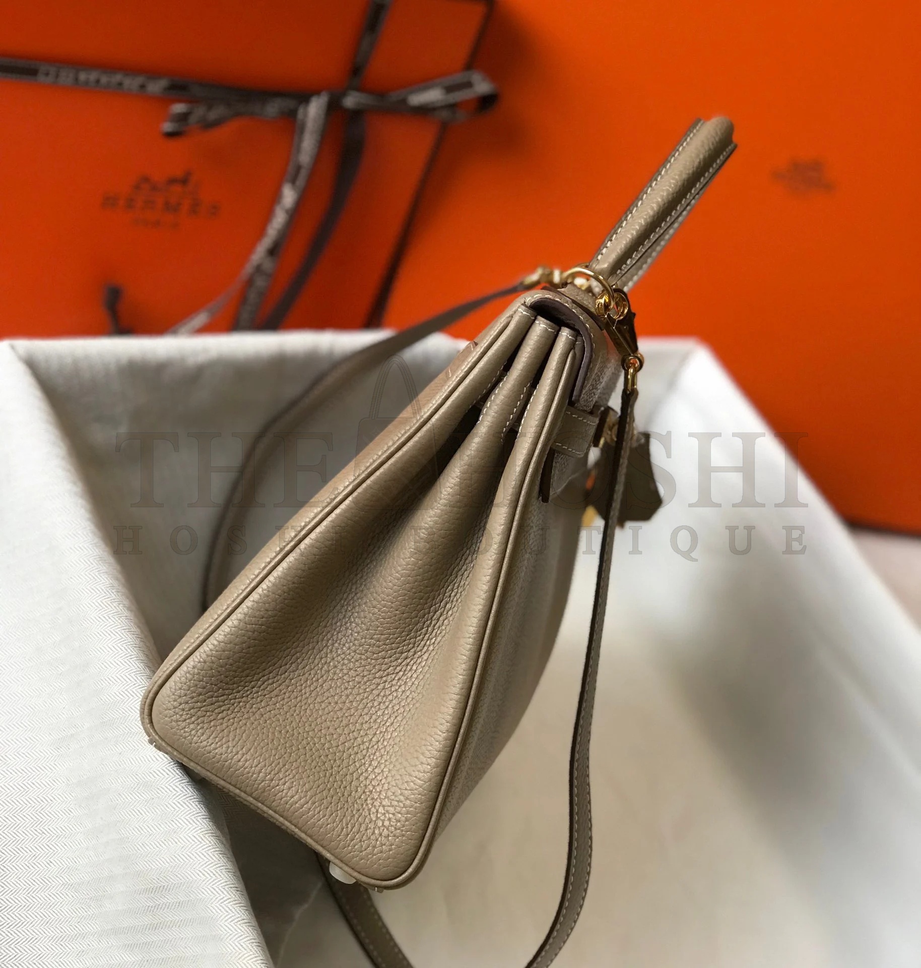 H**me5 Kelly 28cm Retourne Bag in Gris Tourterelle Clemence Leather GHW Master Quality