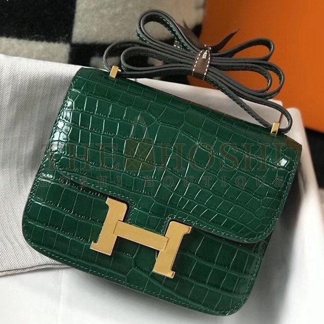 H**me5 Constance 18cm Bag In Green Embossed Crocodile Master Quality
