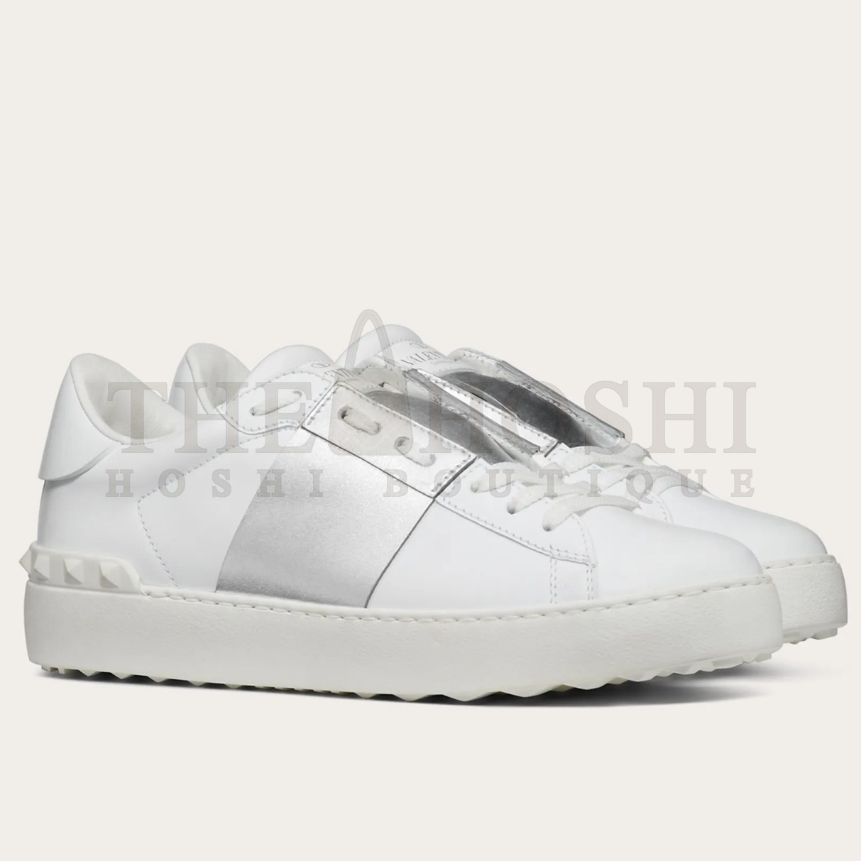 Va1e*ntin0 Women's Open Sneakers with Silver Metallic Stripe Master Quality
