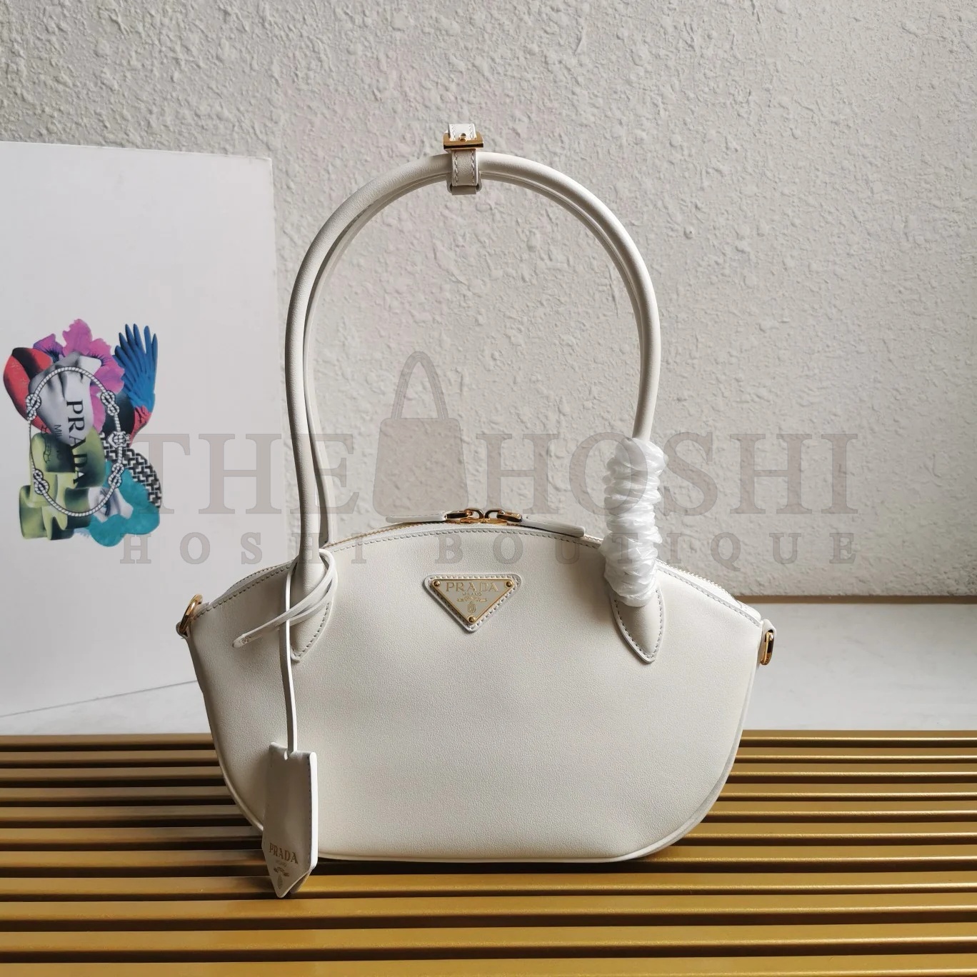 Pra*a Shoulder Bag with Double Zipper in White Calfskin Master Quality