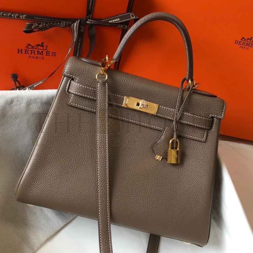 H**me5 Kelly 28cm Retourne Bag in Taupe Clemence Leather GHW Master Quality