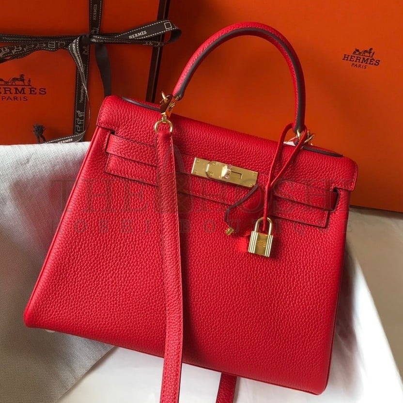 H**me5 Kelly 25cm Retourne Bag in Red Clemence Leather GHW Master Quality