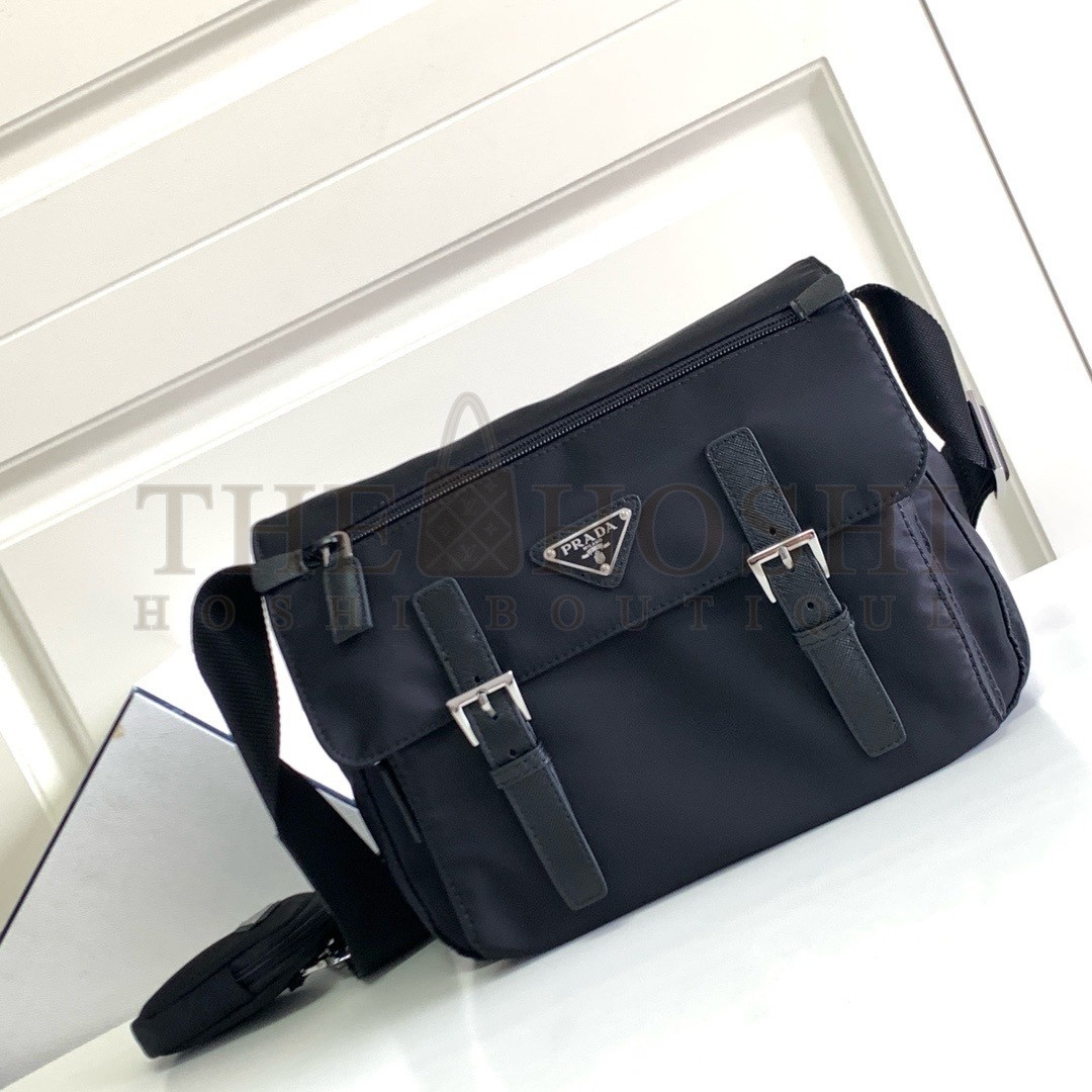 Pra*a Shoulder Bag with Flap in Black Re-Nylon Master Quality
